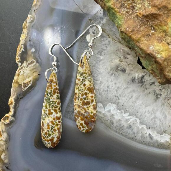 Sterling Silver Teardrop River Jasper Slab Dangle Earrings For Women #197 - Picture 6 of 10